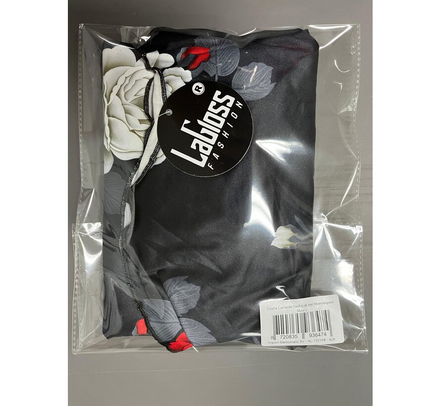 LaGloss® Zwarte Camisole Nachtjurk met Bloemenprint – Spaghettibandjes & Ronde Hals – Maat L