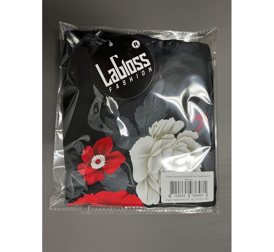 LaGloss® Zwarte Camisole Nachtjurk met Bloemenprint – Spaghettibandjes & Ronde Hals – Maat XL