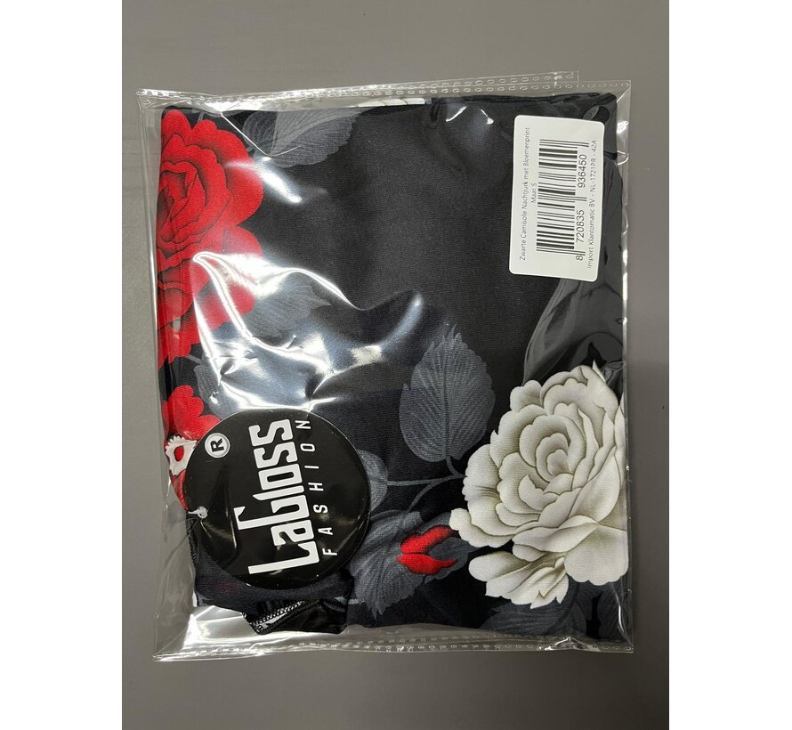 LaGloss® Zwarte Camisole Nachtjurk met Bloemenprint – Spaghettibandjes & Ronde Hals – Maat S