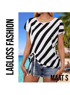 LaGloss Zwart-Wit Gestreepte Semi-Transparante Dames Top met Strikdetails - Maat S