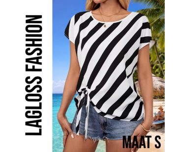 LaGloss Zwart-Wit Gestreepte Semi-Transparante Dames Top met Strikdetails - Maat S