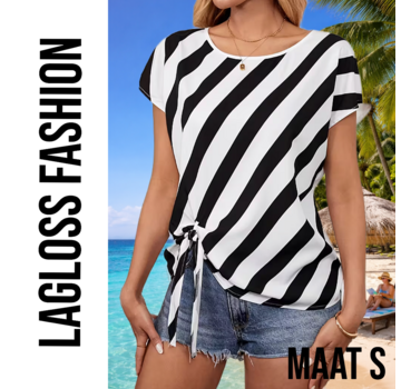 LaGloss Zwart-Wit Gestreepte Semi-Transparante Dames Top met Strikdetails - Maat S