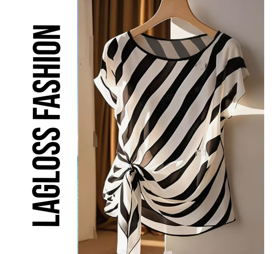 LaGloss® Zwart-Wit Gestreepte Semi-Transparante Dames Top met Strikdetails – Korte Mouw Top - Lente/Zomer/Herfst - Maat S