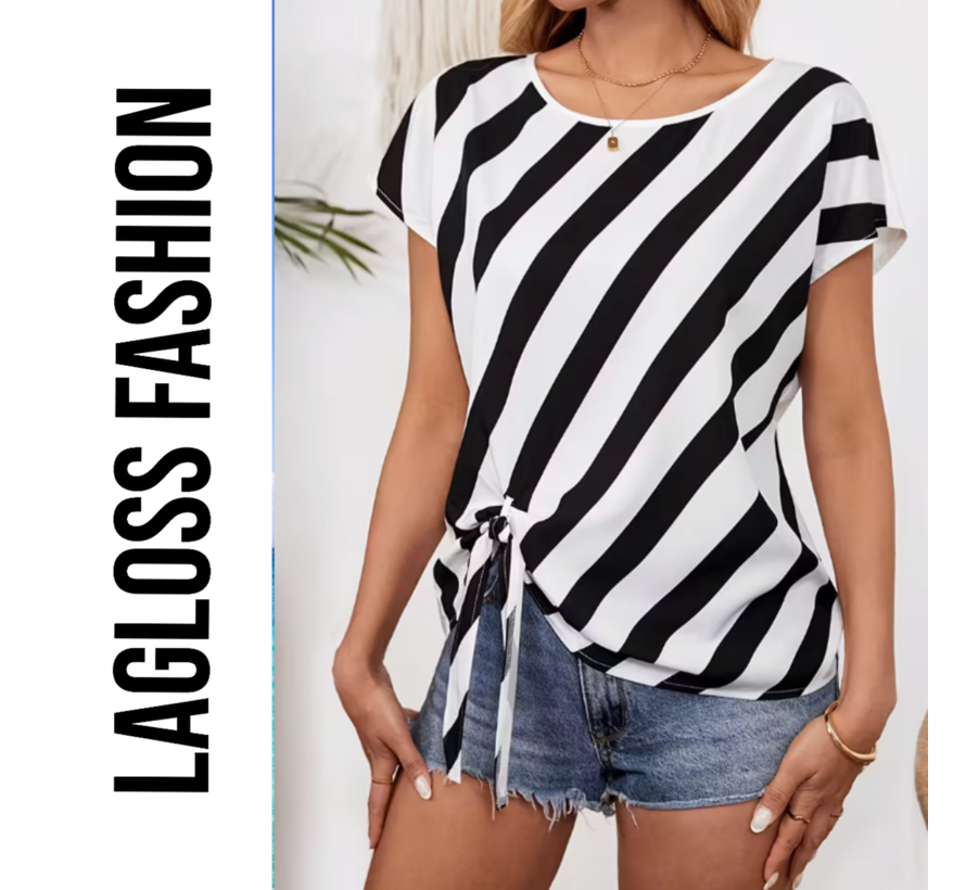 LaGloss® Zwart-Wit Gestreepte Semi-Transparante Dames Top met Strikdetails – Korte Mouw Top - Lente/Zomer/Herfst - Maat M