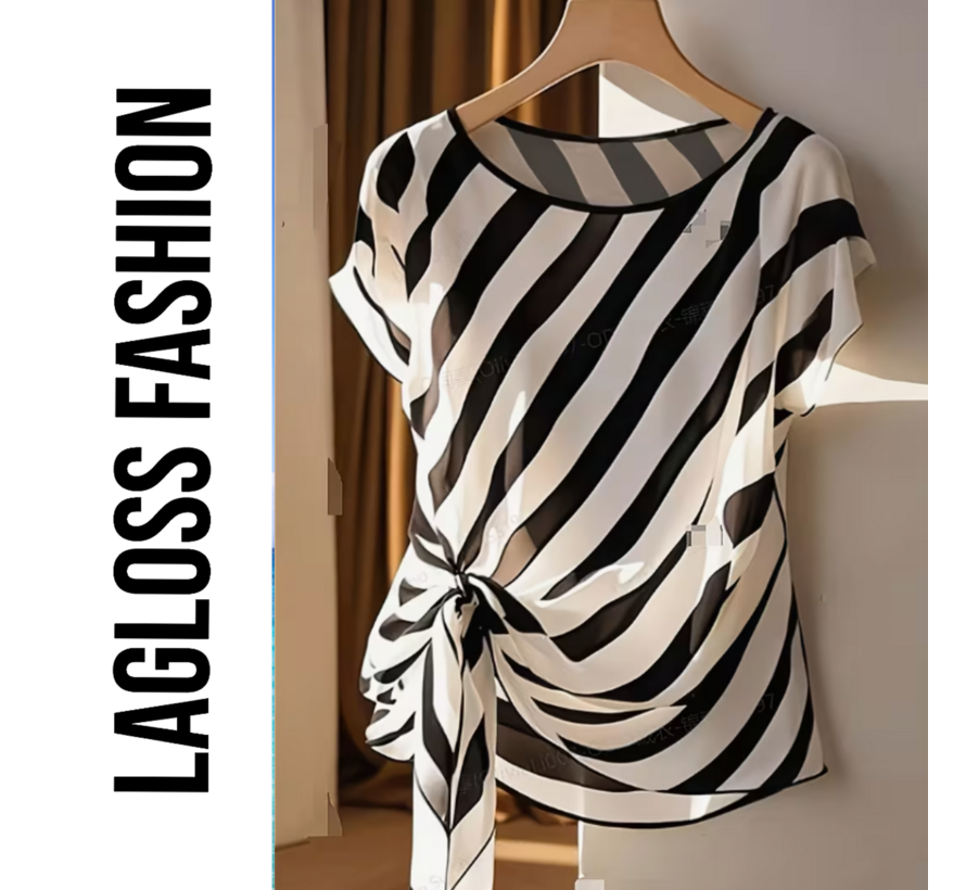LaGloss® Zwart-Wit Gestreepte Semi-Transparante Dames Top met Strikdetails – Korte Mouw Top - Lente/Zomer/Herfst - Maat L