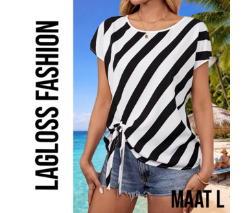 LaGloss Zwart-Wit Gestreepte Semi-Transparante Dames Top met Strikdetails - Maat L