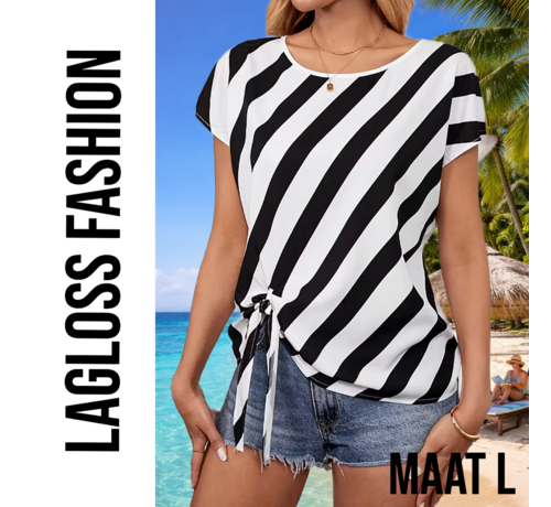 LaGloss LaGloss® Zwart-Wit Gestreepte Semi-Transparante Dames Top met Strikdetails – Korte Mouw Top - Lente/Zomer/Herfst - Maat L