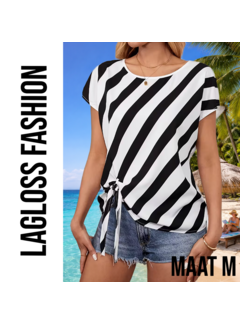 LaGloss Zwart-Wit Gestreepte Semi-Transparante Dames Top met Strikdetails - Maat M
