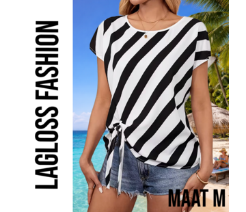LaGloss Zwart-Wit Gestreepte Semi-Transparante Dames Top met Strikdetails - Maat M