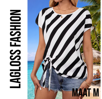 LaGloss Zwart-Wit Gestreepte Semi-Transparante Dames Top met Strikdetails - Maat M