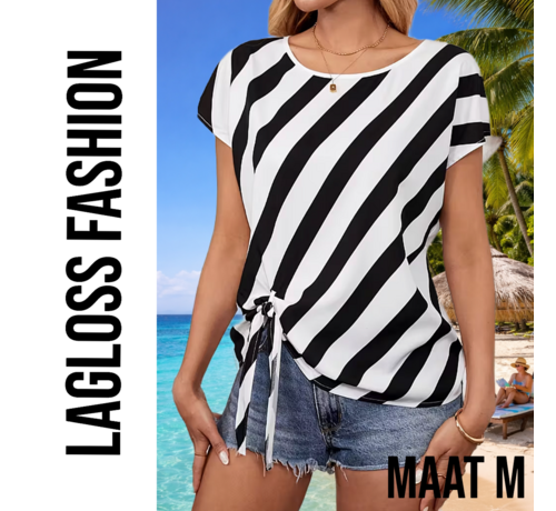 LaGloss LaGloss® Zwart-Wit Gestreepte Semi-Transparante Dames Top met Strikdetails – Korte Mouw Top - Lente/Zomer/Herfst - Maat M