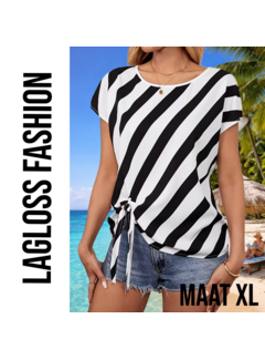LaGloss Zwart-Wit Gestreepte Semi-Transparante Dames Top met Strikdetails - Maat XL