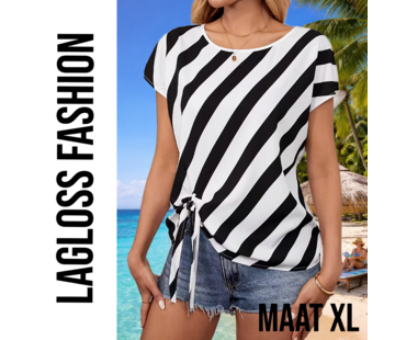 LaGloss Zwart-Wit Gestreepte Semi-Transparante Dames Top met Strikdetails - Maat XL