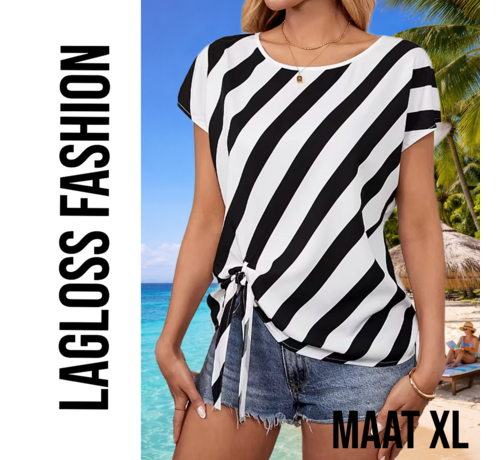 LaGloss LaGloss® Zwart-Wit Gestreepte Semi-Transparante Dames Top met Strikdetails – Korte Mouw Top - Lente/Zomer/Herfst - Maat XL