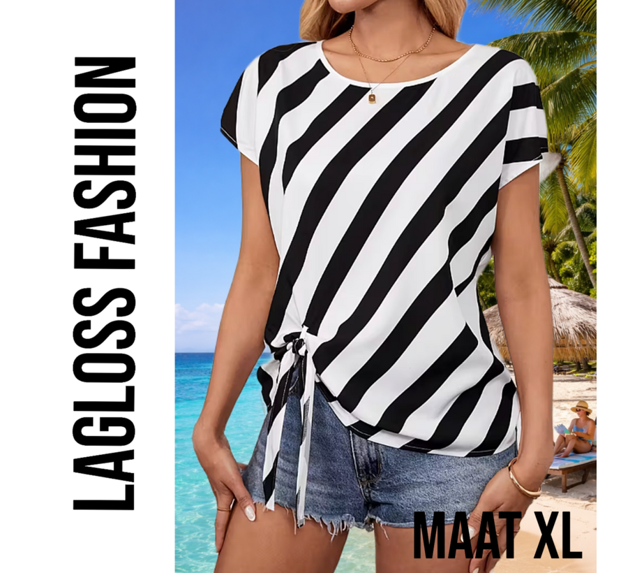 LaGloss® Zwart-Wit Gestreepte Semi-Transparante Dames Top met Strikdetails – Korte Mouw Top - Lente/Zomer/Herfst - Maat XL