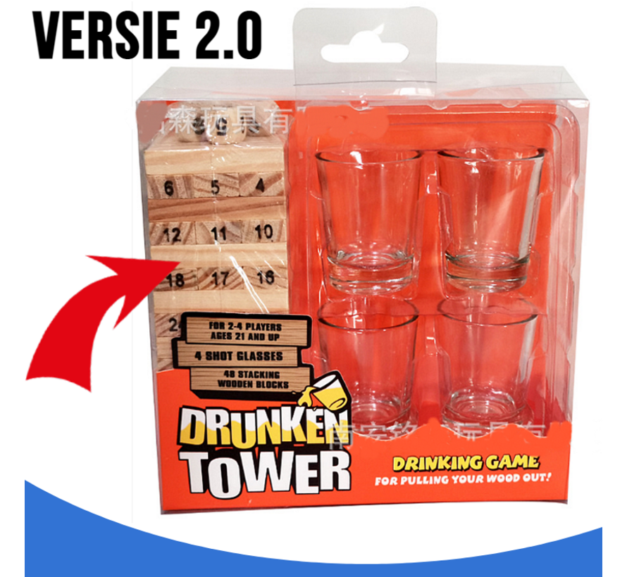 Allernieuwste SET 3-in-1 Drankspel Stapeltoren Jenga Drunken Tower Vallende Toren - NUMMER Tipsy Tower Gezelschapsspel incl 4 shotglaasjes - Drankspel 2.0 - Hout