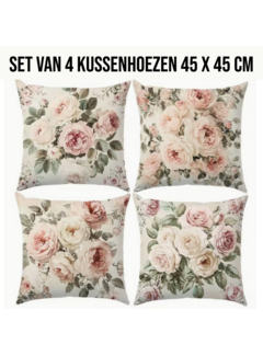 Allernieuwste.nl Set van 4 Vintage Roze Rozen Kussenslopen - 45x45 cm