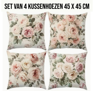 Allernieuwste.nl Set van 4 Vintage Roze Rozen Kussenslopen - 45x45 cm