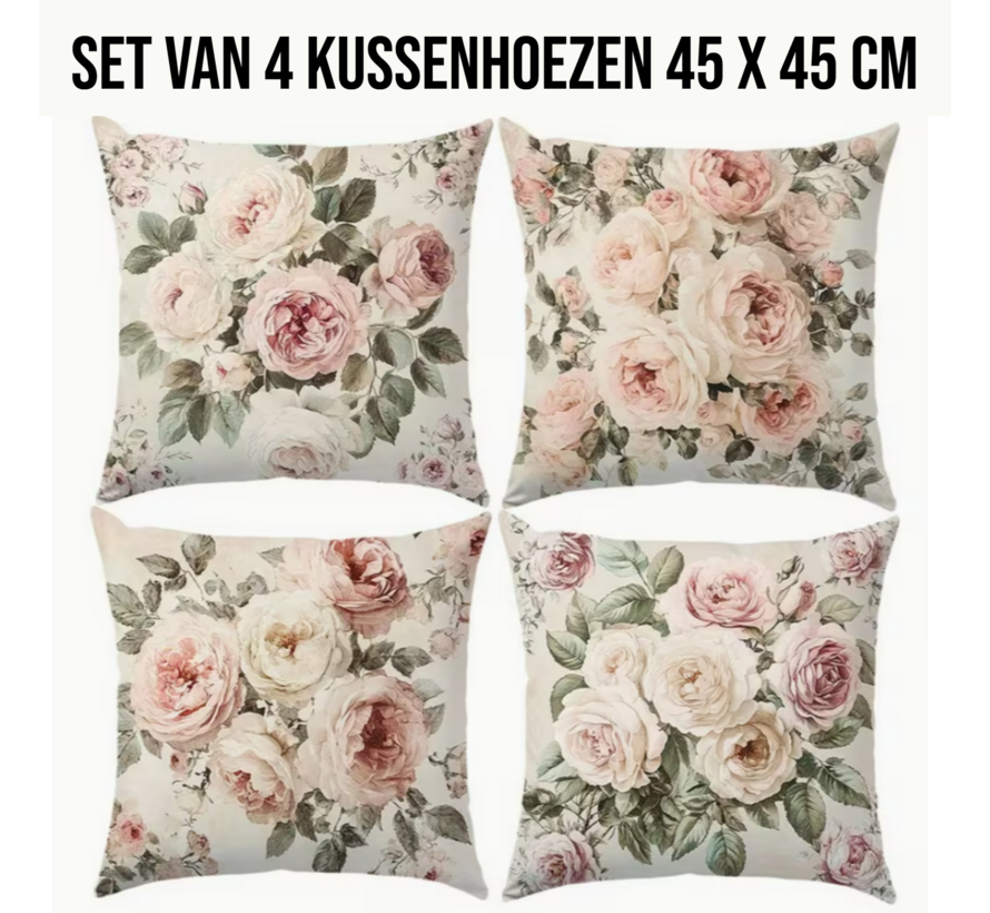 Allernieuwste.nl® Set van 4 Vintage Roze Rozen Kussenslopen 45x45 cm – Zonder Vulling - Verborgen Ritssluiting – Decoratief Sierkussen voor Woonkamer, Slaapkamer & Bank