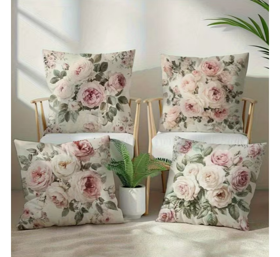 Allernieuwste.nl® Set van 4 Vintage Roze Rozen Kussenslopen 45x45 cm – Zonder Vulling - Verborgen Ritssluiting – Decoratief Sierkussen voor Woonkamer, Slaapkamer & Bank