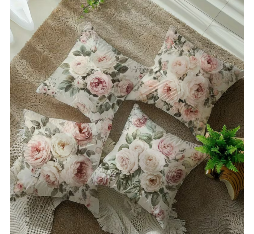 Allernieuwste.nl® Set van 4 Vintage Roze Rozen Kussenslopen 45x45 cm – Zonder Vulling - Verborgen Ritssluiting – Decoratief Sierkussen voor Woonkamer, Slaapkamer & Bank