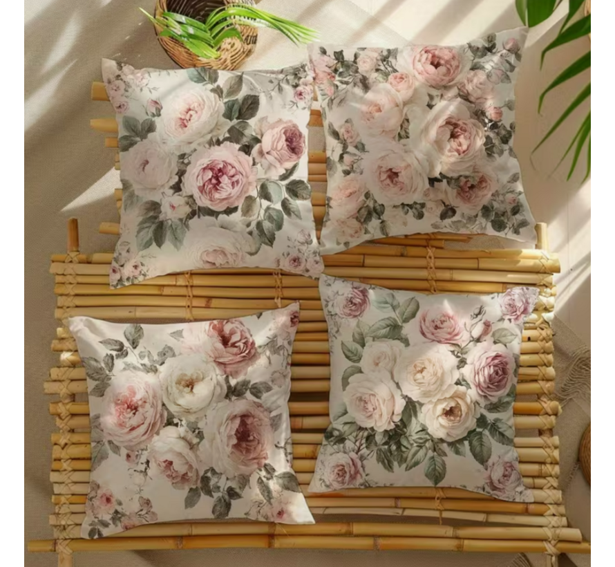 Allernieuwste.nl® Set van 4 Vintage Roze Rozen Kussenslopen 45x45 cm – Zonder Vulling - Verborgen Ritssluiting – Decoratief Sierkussen voor Woonkamer, Slaapkamer & Bank