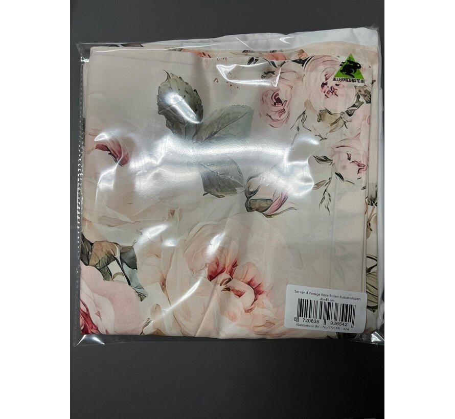 Allernieuwste.nl® Set van 4 Vintage Roze Rozen Kussenslopen 45x45 cm – Zonder Vulling - Verborgen Ritssluiting – Decoratief Sierkussen voor Woonkamer, Slaapkamer & Bank
