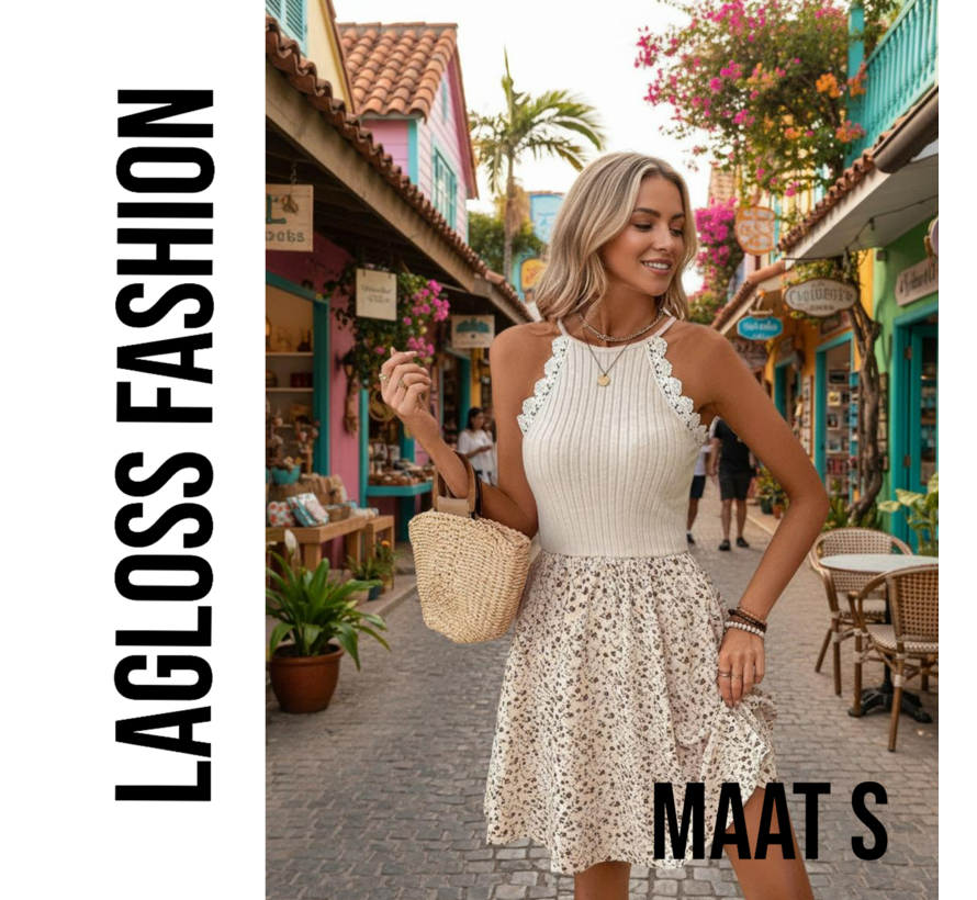 LaGloss® Kanten Halternek Bloemenprint Zomerjurk – Boho Strand & Casual Chic – Maat S