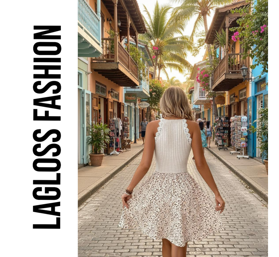 LaGloss® Kanten Halternek Bloemenprint Zomerjurk – Boho Strand & Casual Chic – Maat L