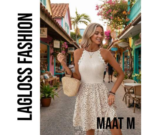 LaGloss LaGloss® Kanten Halternek Bloemenprint Zomerjurk – Boho Strand & Casual Chic – Maat M