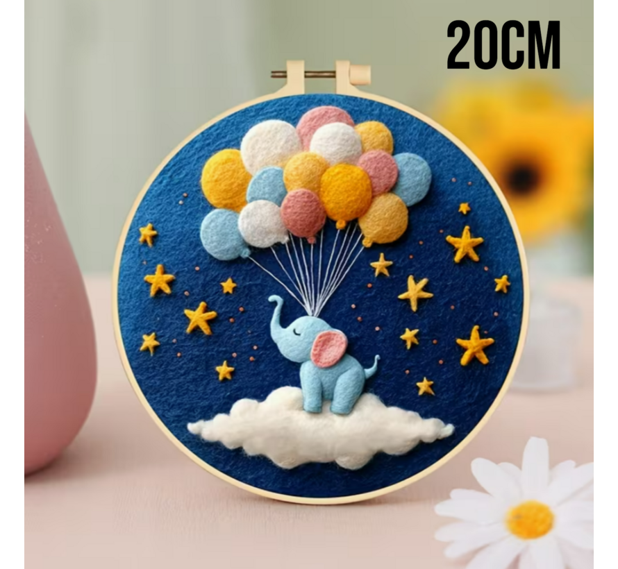 DIY Naaldvilt Wolvilt Pakket – Complete Starterset Olifantje met Ballonnen – Met Wol, Naalden, Borduurring & Handleiding – Creatief Hobbypakket voor Beginners & Gevorderden