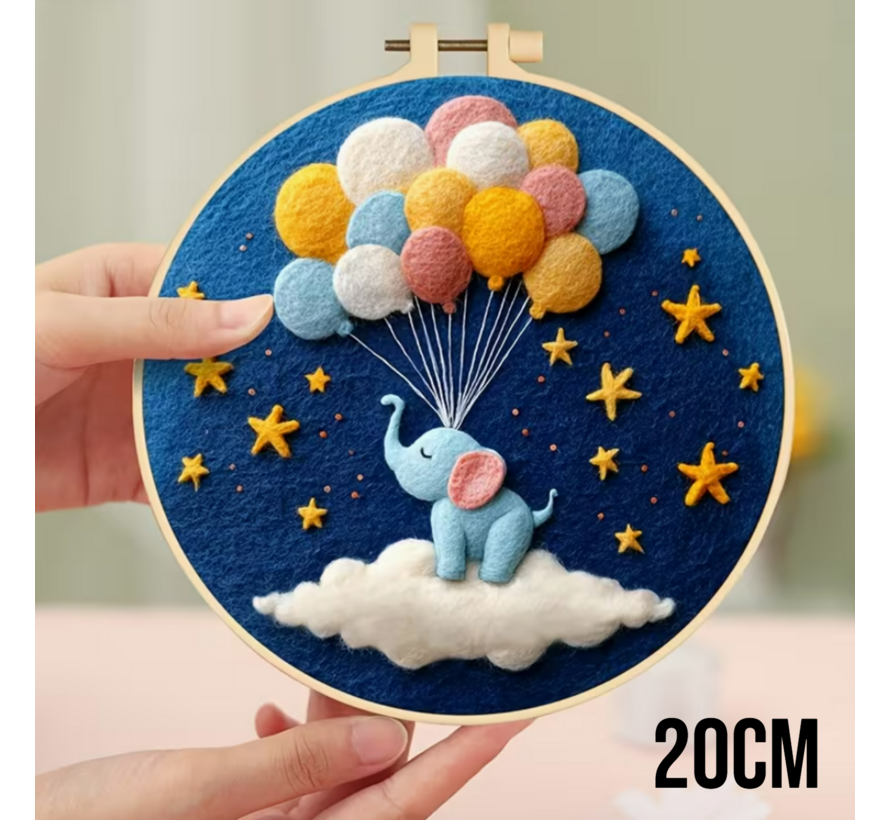 DIY Naaldvilt Wolvilt Pakket – Complete Starterset Olifantje met Ballonnen – Met Wol, Naalden, Borduurring & Handleiding – Creatief Hobbypakket voor Beginners & Gevorderden