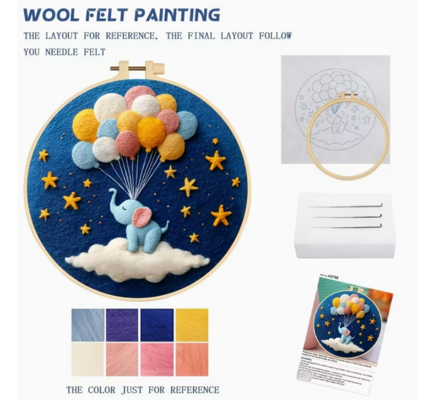 DIY Naaldvilt Wolvilt Pakket – Complete Starterset Olifantje met Ballonnen – Met Wol, Naalden, Borduurring & Handleiding – Creatief Hobbypakket voor Beginners & Gevorderden
