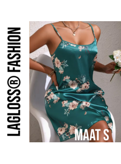LaGloss Turquoise Bloemenprint Slaapjurk Satijn – Maat S