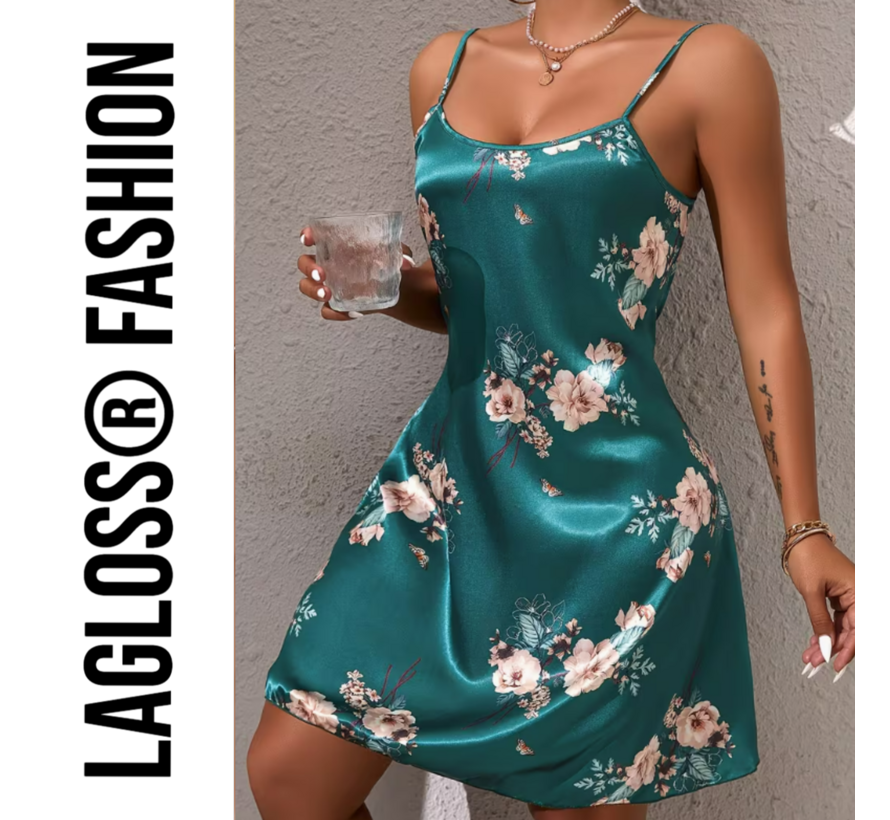 LaGloss® Turquoise Bloemenprint Slaapjurk Satijn – Mouwloos & Elegant Lente/Zomer – Maat S