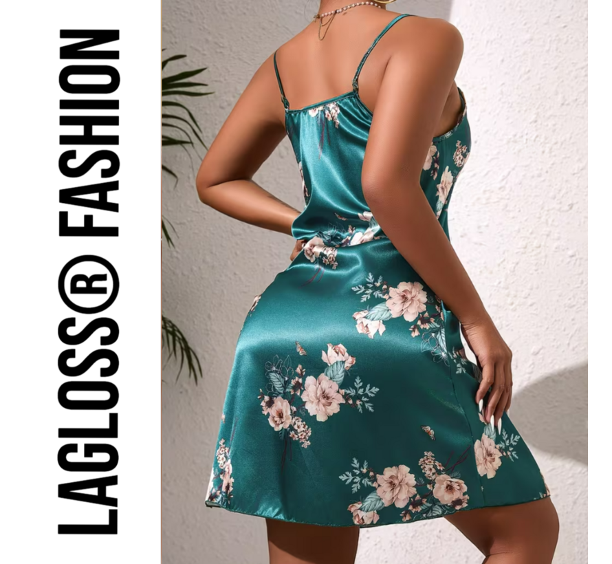 LaGloss® Turquoise Bloemenprint Slaapjurk Satijn – Mouwloos & Elegant Lente/Zomer – Maat S