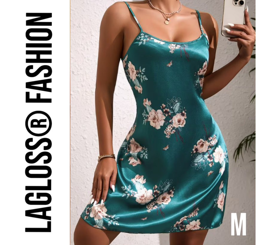 LaGloss® Turquoise Bloemenprint Slaapjurk Satijn – Mouwloos & Elegant Lente/Zomer – Maat M