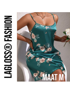 LaGloss Turquoise Bloemenprint Slaapjurk Satijn – Maat M