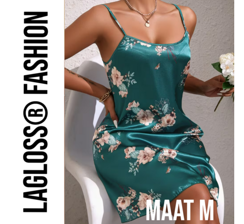 LaGloss LaGloss® Turquoise Bloemenprint Slaapjurk Satijn – Mouwloos & Elegant Lente/Zomer – Maat M