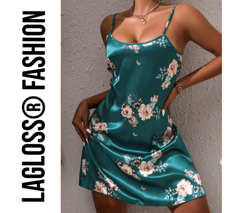 LaGloss® Turquoise Bloemenprint Slaapjurk Satijn – Mouwloos & Elegant Lente/Zomer – Maat L