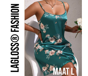 LaGloss Turquoise Bloemenprint Slaapjurk Satijn – Maat L