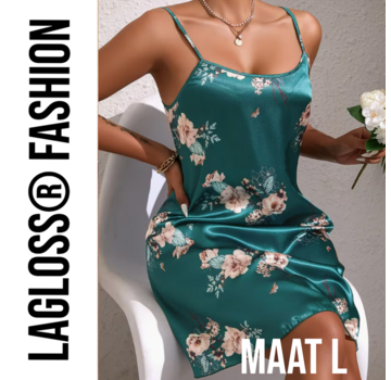 LaGloss Turquoise Bloemenprint Slaapjurk Satijn – Maat L