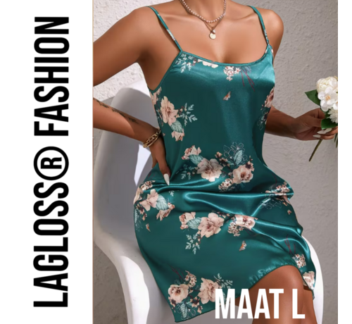 LaGloss LaGloss® Turquoise Bloemenprint Slaapjurk Satijn – Mouwloos & Elegant Lente/Zomer – Maat L
