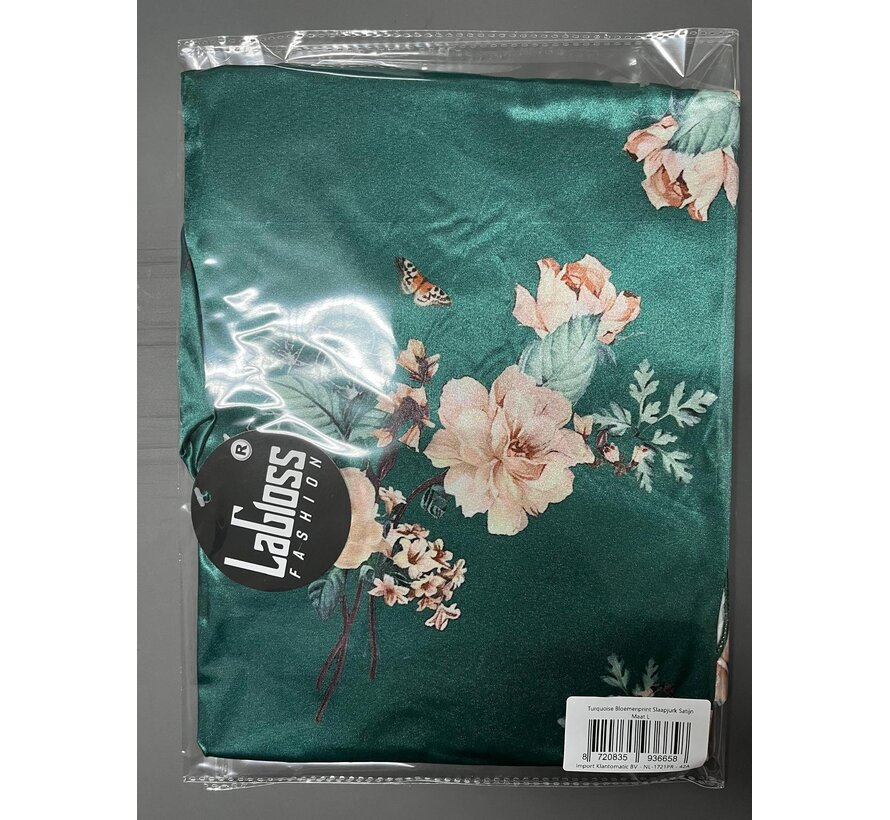 LaGloss® Turquoise Bloemenprint Slaapjurk Satijn – Mouwloos & Elegant Lente/Zomer – Maat L