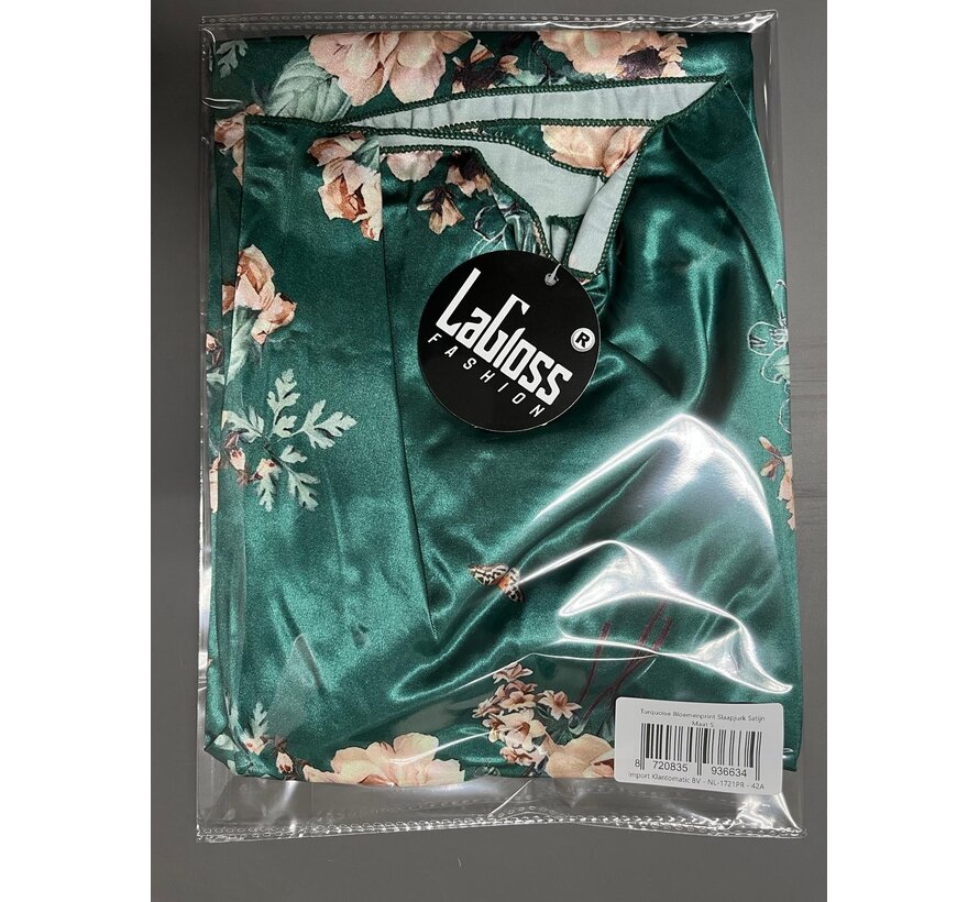 LaGloss® Turquoise Bloemenprint Slaapjurk Satijn – Mouwloos & Elegant Lente/Zomer – Maat S