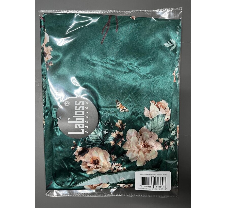 LaGloss® Turquoise Bloemenprint Slaapjurk Satijn – Mouwloos & Elegant Lente/Zomer – Maat M