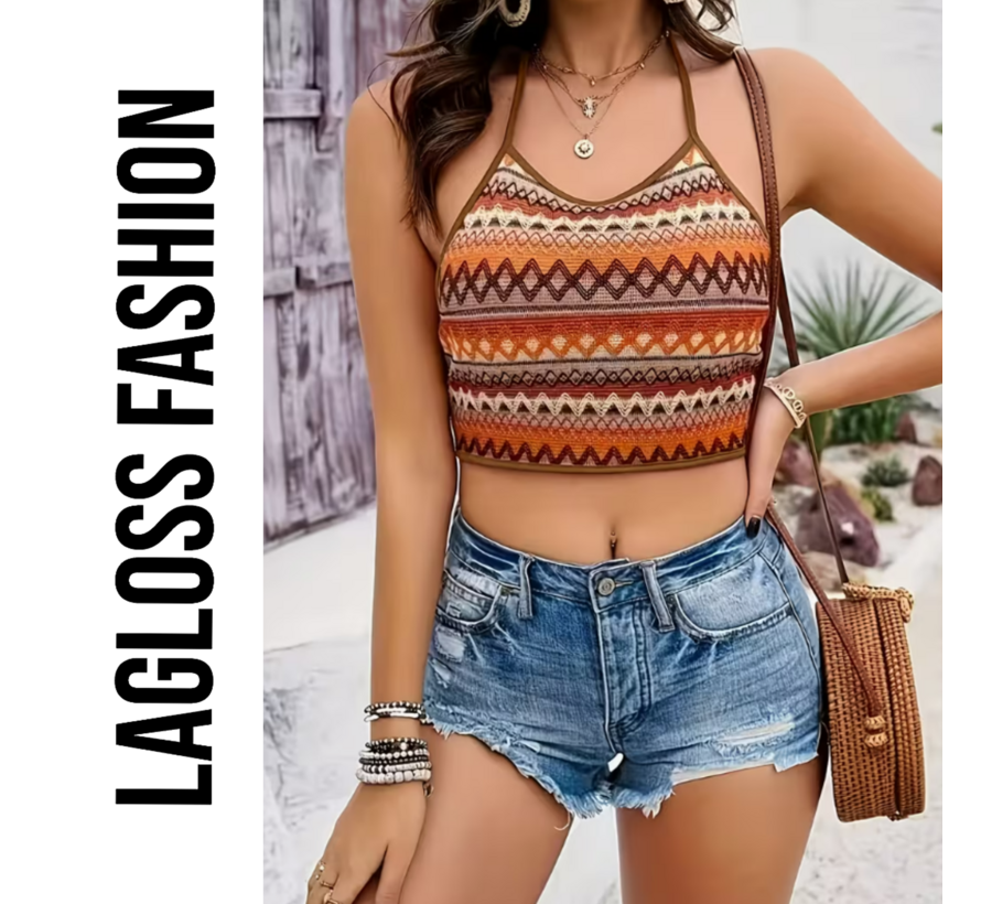 LaGloss® Vintage Boho Sexy Tanktop – Halternek met Open Rug, Zomer Strand & Casual Top – Maat M