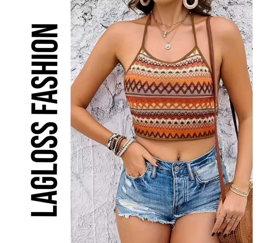 LaGloss® Vintage Boho Sexy Tanktop – Halternek met Open Rug, Zomer Strand & Casual Top – Maat M