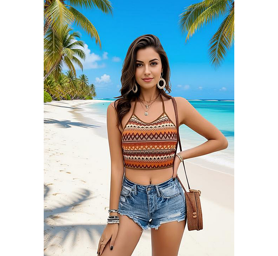 LaGloss® Vintage Boho Sexy Tanktop – Halternek met Open Rug, Zomer Strand & Casual Top – Maat M