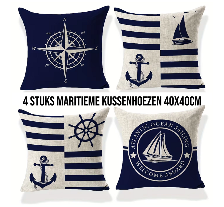 Allernieuwste.nl® SET 4 Stuks Bootkussens Maritieme Nautische Kussenhoes 40x40 cm Blauw 4 Stuks ##
